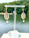 Cowrie Freshwater Pearl Drop Gold Earrings