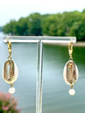 Cowrie Freshwater Pearl Drop Gold Earrings