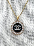 CC Rhinestone Halo Pendant Necklace- BLACK