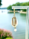 Cowrie Freshwater Pearl Drop Gold Earrings