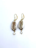 Cowrie Freshwater Pearl Drop Gold Earrings