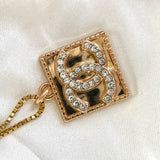 CC Square Crystal Logo Necklace- WHITE