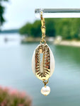Cowrie Freshwater Pearl Drop Gold Earrings