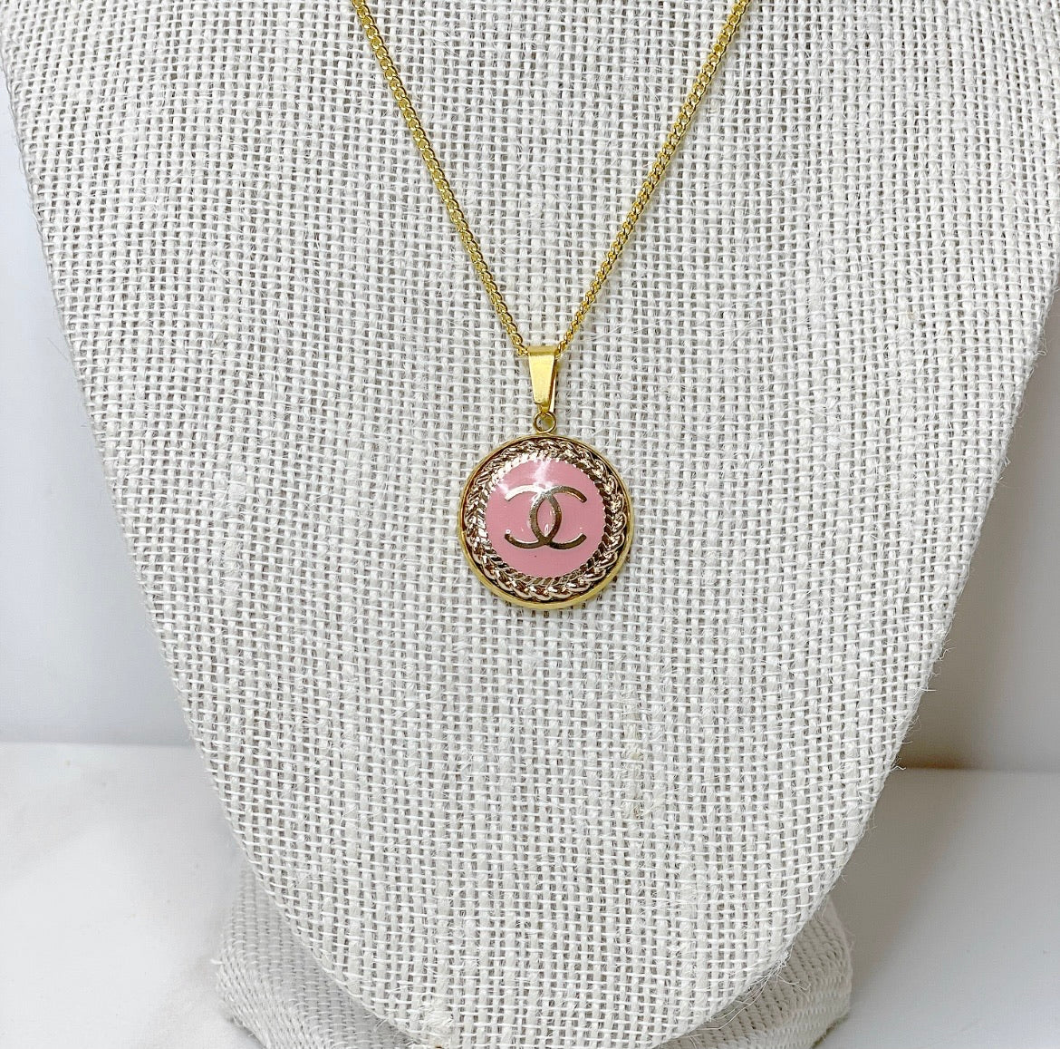 Chanel CC Enamel Necklace (Light Pink/Yellow Gold)