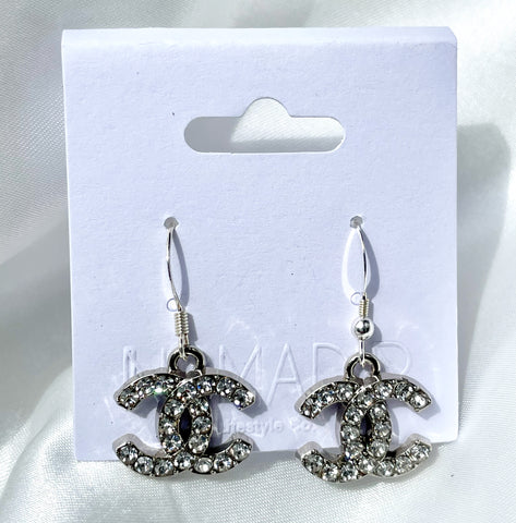 CC Crystal Logo Drop Earrings- SILVER