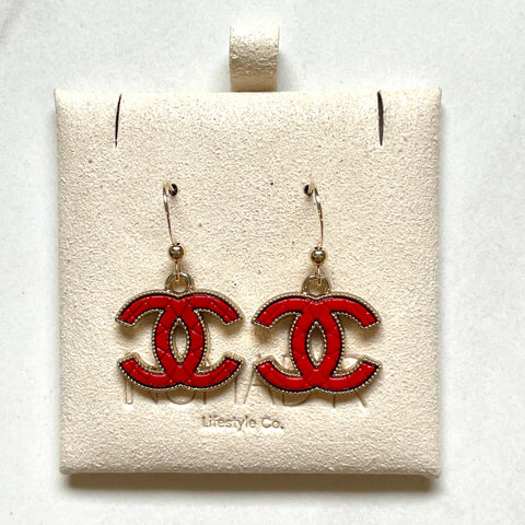 CC Quilted Logo Drop Earrings- RED