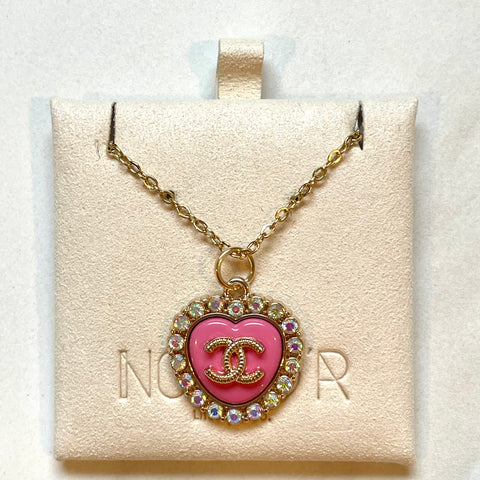 CC Crystal Halo Heart Necklace- PINK