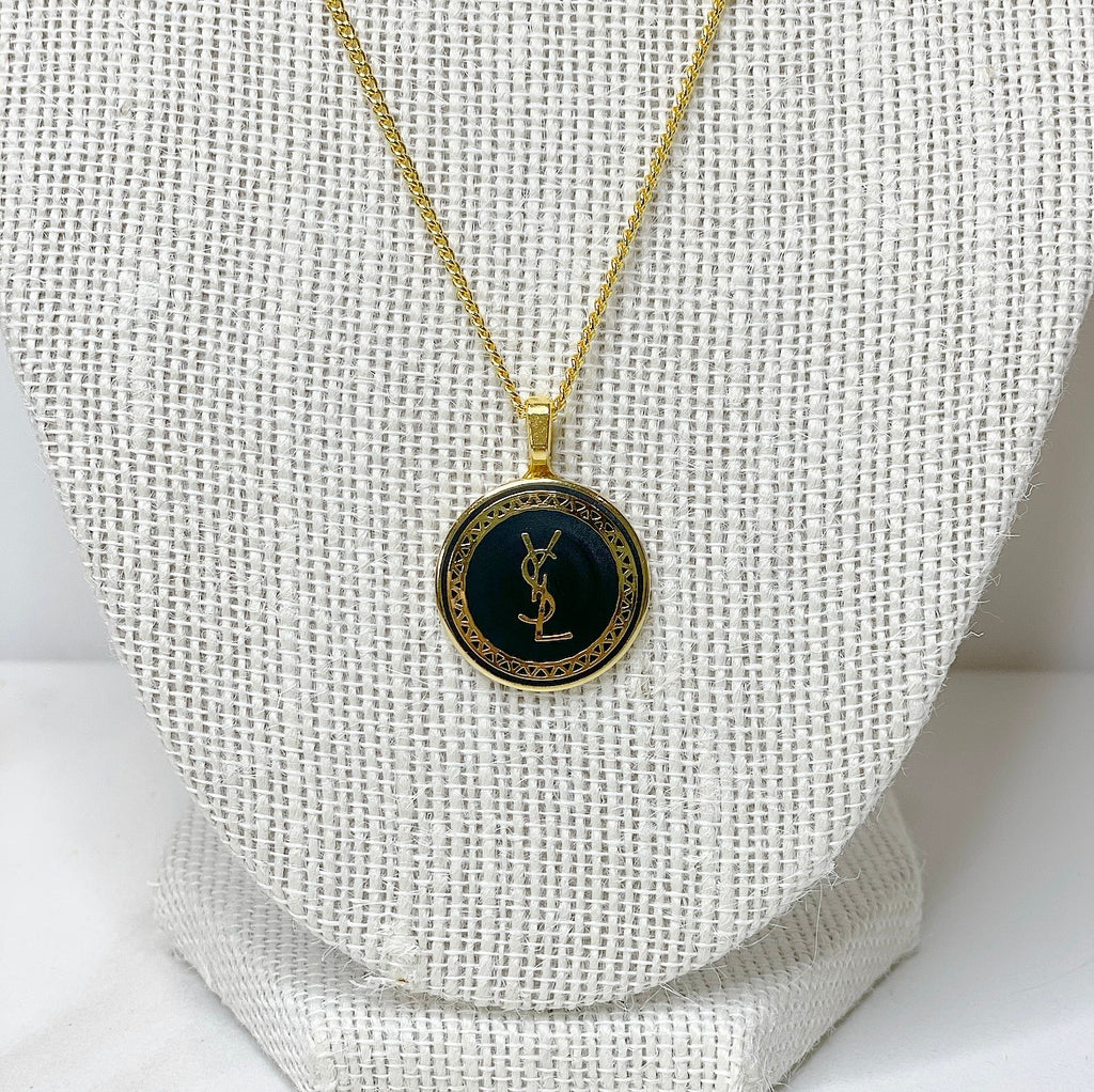 Authentic YSL Black Button  Reworked Gold 16 Necklace