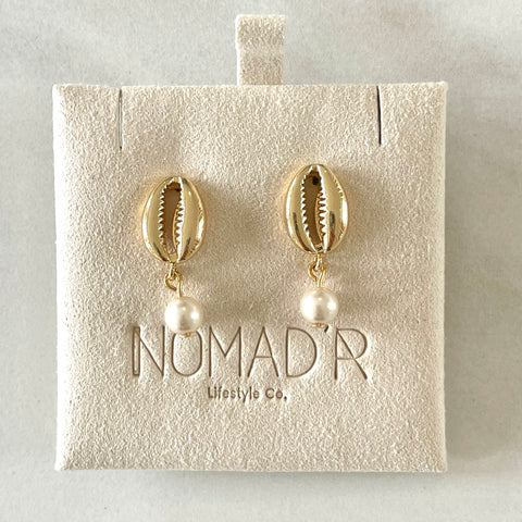 14k Gold-Plated Pearl/Cowrie Shell Drop Earrings