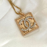 CC Square Crystal Logo Necklace- WHITE